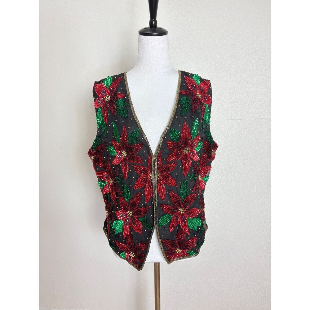 Y2K Vintage Scala 100% Silk Beaded & Sequin Christmas Poinsettia Vest Size XL